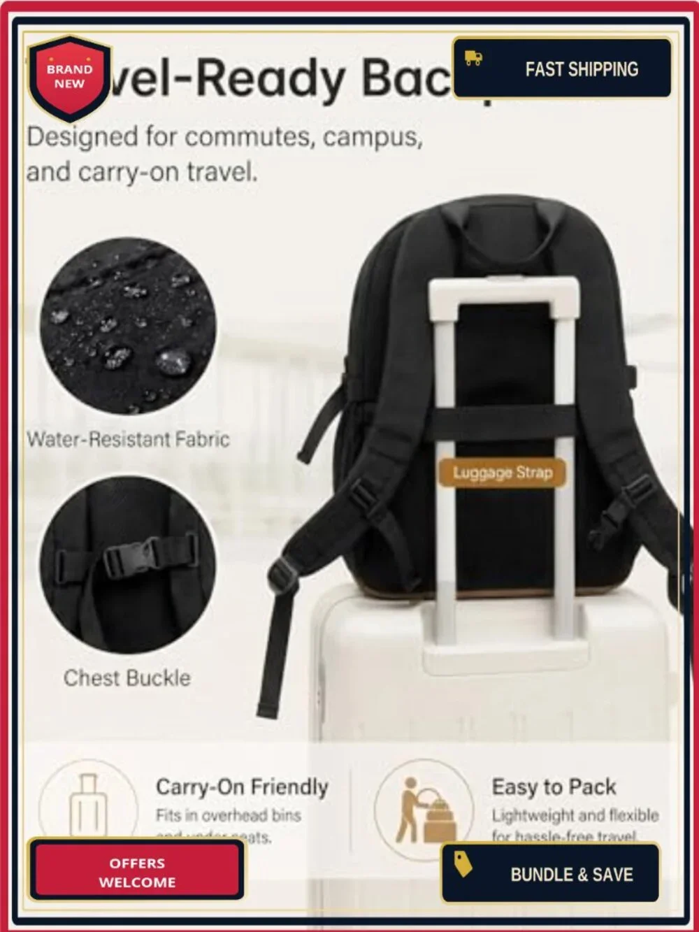 Waterproof Travel Laptop Backpack 15.6